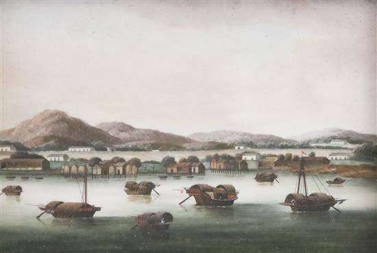 Chinese School circa 1810-20, a pair of watercolour on ivory of two river views, one depicting Whampoa anchorage, 8.5cm x 13cm